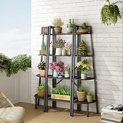 Hoctieon Corner Shelf, 4-Tier Corner Bookshelf, Rustic Ladder Shelf, Industrial Display Stand for Living Room, Kitchen, Home Office, Balcony, Small Space, Metal Frame, Black - Image 4