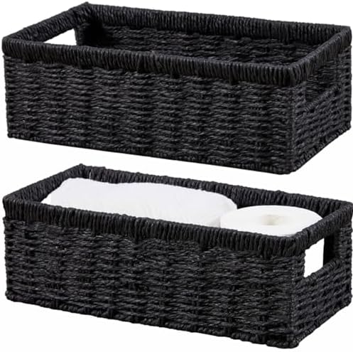 Vagusicc Wicker Storage Basket, Paper Rope Wicker Baskets with Handles, Toilet Paper Basket for Toilet Tank Top, Small Wicke Baskets for Organizing Shelves, 2-Pack, Black by Vagusicc