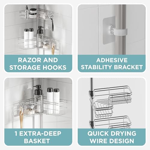 Zenna Home Tension Pole Shower Caddy Corner Organizer, Adjustable Standing Shower Caddy with 4 L-shaped Baskets and Hooks, Rust Resistant Bathroom Tension Rod Organizer, 60 to 97 Inch, Satin Nickel - Image 6