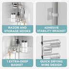 Zenna Home Tension Pole Shower Caddy Corner Organizer, Adjustable Standing Shower Caddy with 4 L-shaped Baskets and Hooks, Rust Resistant Bathroom Tension Rod Organizer, 60 to 97 Inch, Satin Nickel - Image 6