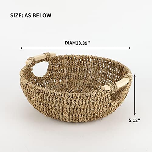 KINGWILLOW 13.39" Seagrass Woven Round Basket with Wooden Handles - Image 3