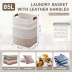 85L Tall Woven Laundry Basket Hamper with Leather Handles,Brown​ - Image 2