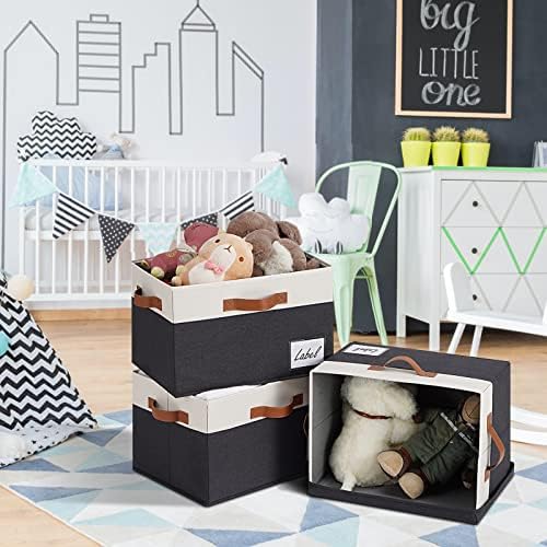 Large Storage Bins with Lids, Foldable Fabric Storage Baskets with Lids, Sturdy Storage Boxes with Labels and 3 PU Handles for Closet Home Bedroom Office (3 Packs, Black&White) - Image 6
