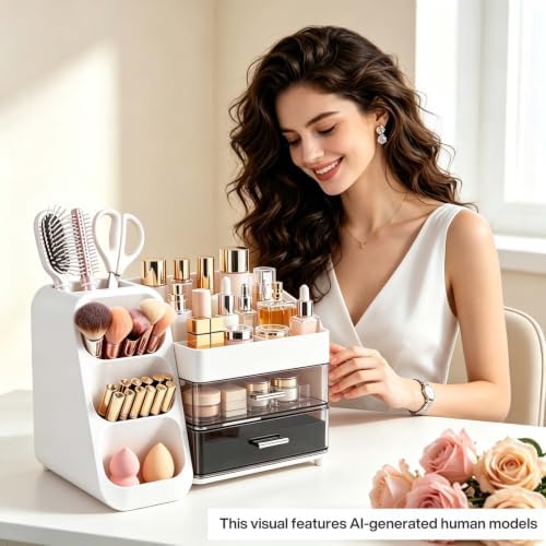 Large Capacity Makeup Organizer Countertop with Makeup Brush Holder for Vanity, Thickened Material（white） - Image 6