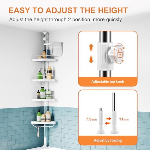 Corner Shower Caddy Tension Pole: Rust Proof 4Tier Shampoo Storage Organizer for Inside Shower - Telescoping Rod Shower Rack for Bathroom and Bathtub - Restroom Floor Standing Bath Rack Holder - Image 3