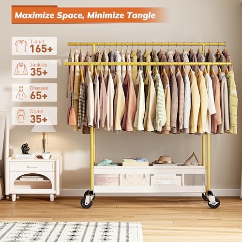Clothes Rack 210 LBS Double Rods Extra Storage Basket - Image 2