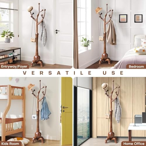 Bekrvio Coat Rack Freestanding Wood Coat Tree Rack with 8 Hooks, Walnut - Image 6