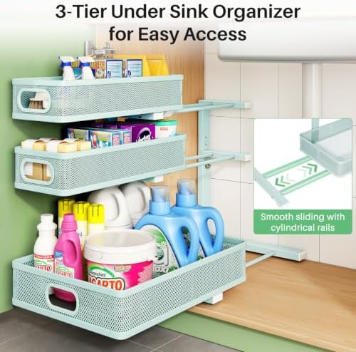 Under Sink Organizer, 1-Pack 3-Tier Height Adjustable Thickened Metal Pull out Cabinet Organizer Shelf, Slide out Storage Drawer Rack for Bathroom Kitchen Pantry Home Organization, LightBlue - Image 5