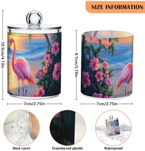 Fustylead 4 Pack Elegant Flamingos Standing on Beautiful Beach Plastic Apothecary Jar Set for Cotton Swab, Ball, Pad, Floss, Qtip Holder Dispensers for Bathroom Storage Organizer - Image 2