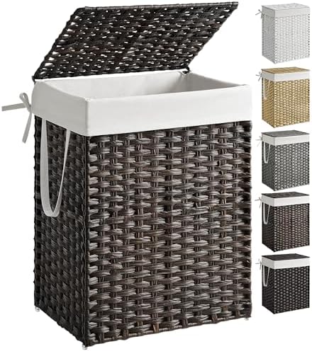 SONGMICS Laundry Hamper with Lid, 23.8 Gallon (90 L) Synthetic Rattan Clothes Laundry Basket with Lid and Handles, Foldable, Removable Liner, Chestnut Brown ULCB051K02 by SONGMICSbySONGMICSHOME