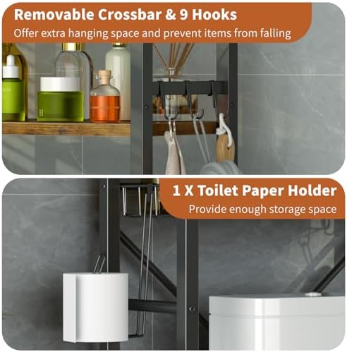Over-The-Toilet Storage,4 Tier Adjustable Bathroom Organizers and Storage with Toilet Paper Holder and 9-Hooks,Toilet Rack for Cabinet Organizer,Fit Most Toilets(Rustic Brown) - Image 4