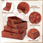 Didaey Set of 4 Seagrass Basket with Lid Wicker Storage Basket Decorative Storage Boxes with Lids Flat Storage Bins Woven Organizer Baskets for Shelf Closet Bedroom, 4 Sizes (Retro Red) - Image 3