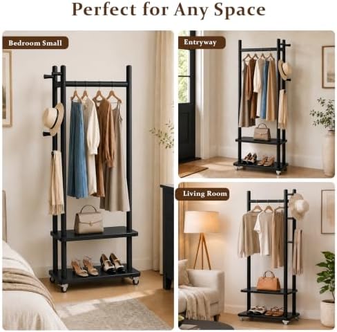 Taitiy Coat Rack Solid Wood Stand Storage 2 Shelves 4 Hooks Entryway - Image 7