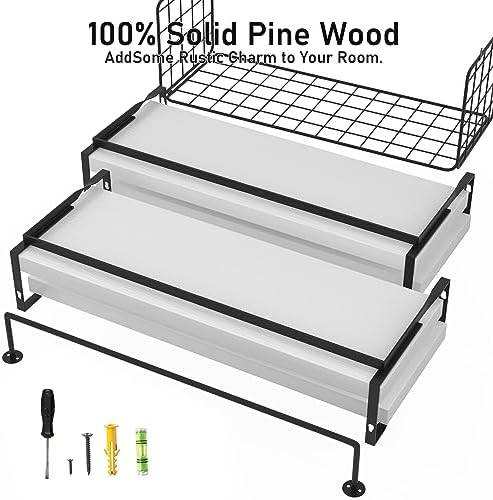 White Wood Floating Shelves Wall Mounted - 4+1 Tier Rustic Bathroom Wall Shelves Over Toilet with Wire Storage Basket and Towel Bar, set of 4 Farmhouse Floating Shelf for Bathroom, Kitchen, Bedroom. - Image 6