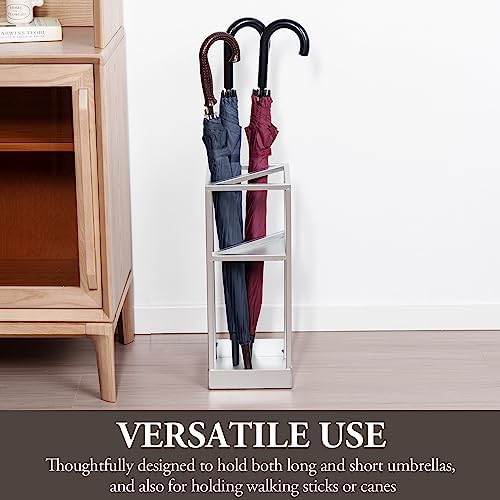 MyGift 20 Inch Tall Modern Silver Tone Metal Geometric Freestanding Entryway Umbrella Rack or Cane Holder with Shelf for Small Umbrellas and Bottom Drip Tray - Image 3