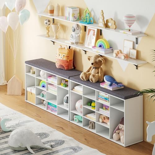 DINZI LVJ Shoe Storage Bench with Cushion, 16-Cubby Shoe Rack with Seat - Image 2
