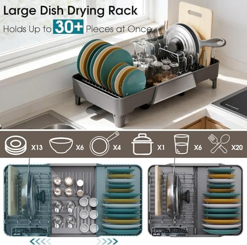 Large Expandable Dish Drying Rack, Dish Racks for Kitchen Counter, Space Saving & Rust Resistant Dish Drainer with Removable Drainboard & Utensil Holder, Adjustable Length 16.4 to 24.4 Inches - Image 4