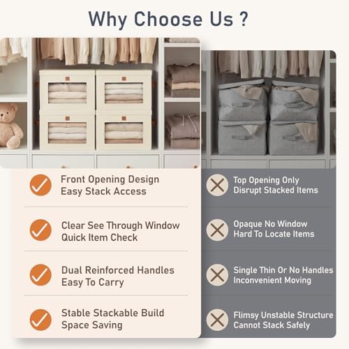 DIMJ Storage Bins with Lids - 5 Pack Front Opening Stackable Fabric Storage Boxes with Clear Window & Handles, Collapsible Closet Organizers for Clothes, Sweaters, Shelf Storage, Bedroom, Beige - Image 3