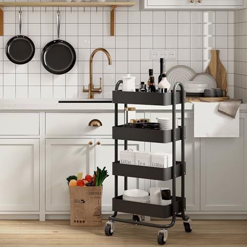 4-Tier Metal Rolling Cart with Wheels,4 Tier Utility Cart with Wheels for Office,Home,Kitchen,Garden（13.4"x18.1"x40"） Black - Image 5