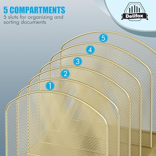 Delifox Inclined Desk File Organizer,Vertical File Folder Holder Stand Metal Rack File Sorter for Office Classroom Desktop Organization (2, Gold, 5) - Image 6