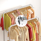 Laiensia Double Rods Garment Rack with Wheels, Clothing Rack for Hanging Clothes,4 Hooks, Multi-functional Bedroom Clothes Rack, White - Image 6