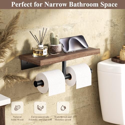 Tindbea Double Toilet Paper Holder with Wood Shelf, Wooden Wall Mount Toilet Paper Roll Holder, Matte Black Stainless Steel Bathroom Toilet Tissue Holder (Walnut) - Image 2