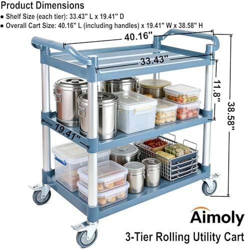 3-Tier Rolling Utility Cart on Wheels, 540 lbs Capacity Utility Service Cart, Commercial Kitchen Cart with 4 Lockable Swivel Casters for Restaurant/Home/Warehouse/Office (40x 19.41x 38.58 in) - Image 6