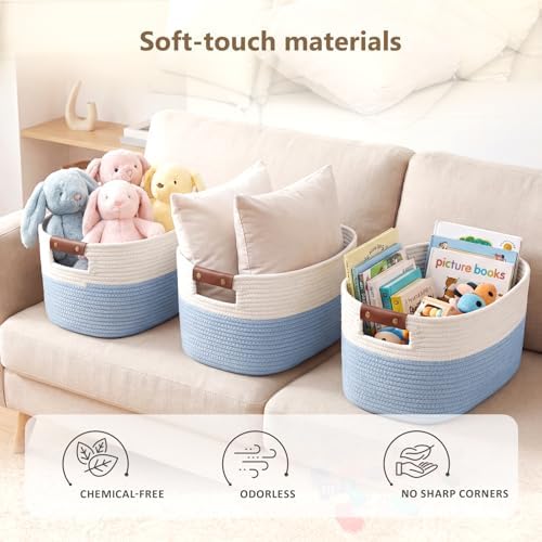 ECDYQXVU 15x10x9 Woven Cotton Rope Storage Basket, Leather Handles 3 Pack - Image 5