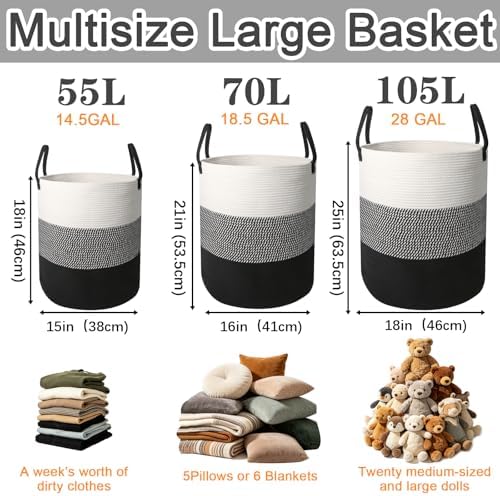 105L Extra Large Laundry Basket,Clothes Hamper with Handles-Black - Image 2