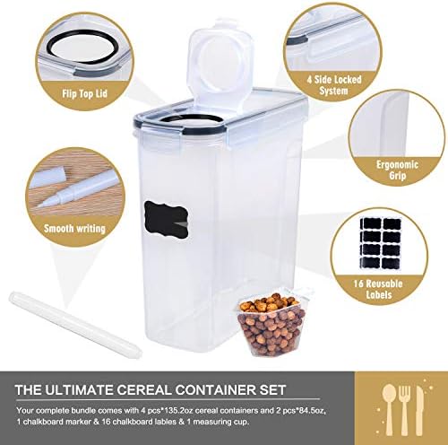 FOOYOO Cereal Containers Storage Set - 6 Piece Airtight Large Dry Cereal Storage Containers(4 * 4L+2 * 2.5L), BPA Free Dispenser Plastic Cereal Storage Containers with 16 Labels & Pen - Image 3