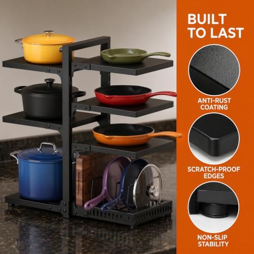 7 Tier Pots and Pans Organizer Under Cabinet, 20.8" Height Heavy Duty Pan Organizer Inside Cabinet, Adjustable Pot Rack Holds 120 Lbs, 15 Lbs Per Layer, for Dutch Oven Cast Iron Cookware & Lids - Image 3
