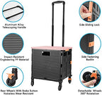Quick Utility Cart Folding Portable Rolling Crate Handcart with Durable Heavy Duty Plastic Telescoping Handle Collapsible 4 Rotate Wheels for Travel Shopping Moving Luggage Office Use (black&pink lid) - Image 4