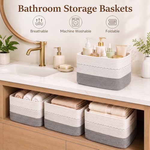 OIASKET 4 Pack Storage Baskets for Organizing, 13"X9"X7.87", Decorative Cotton Rope Baskets for Shelves, Small Woven Basket for Toys, Books and Towels, Grey & White - Image 5