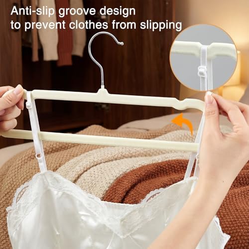 60 Pack White Velvet Felt Pants Hangers with 60 Hooks, Heavy Duty Space Saving Clothes Hangers with 360° Swivel Hook, Non Slip Thin Cute Flocked Design for Shirts, Coats, Dresses & Closet Organization - Image 5