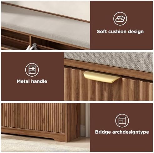 Maupvit 39.4" Fluted Shoe Bench with Storage, Narrow Entryway Bench, Walnut - Image 4