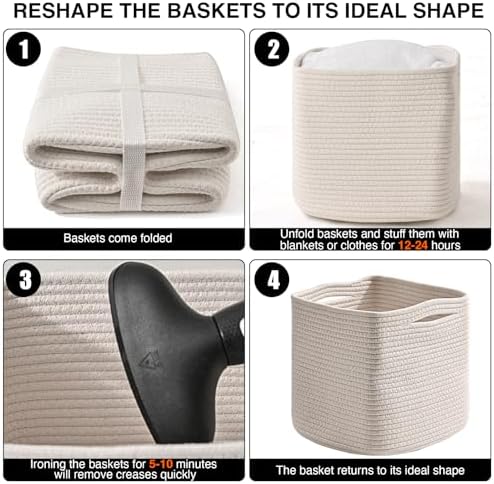 ICERZCZ 13 Inch Cube Closet Storage Bins, Woven Cotton Rope Organizer Baskets for Organizing & Shelves, Books, Towels, Clothes, Toys, 13x13x13 in, Off White (Pack of 3) - Image 7