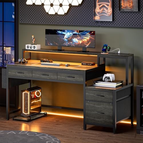 REAHOME 61 Inch 5 Drawers Grey Oak Reversible Gaming Desk - Image 2