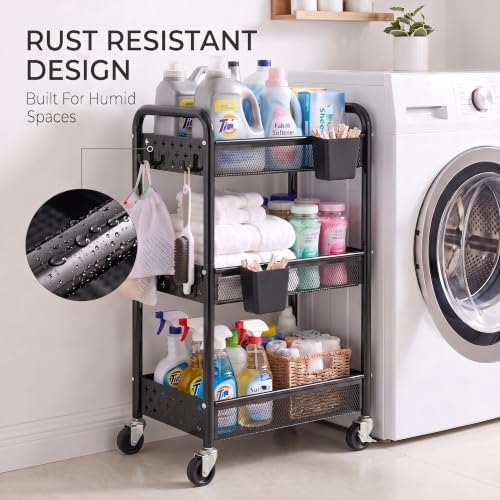 3 Tier Heavy Duty Metal Rolling Utility Cart Organizer with Wheels, Black - Image 7