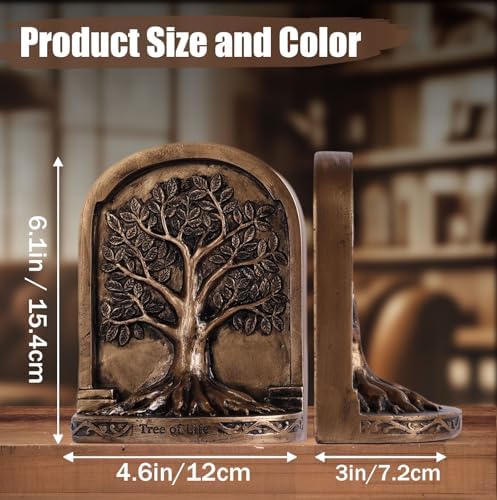 Vintage Bronze Finish Tree of Life Bookends Set, 2 Non-Skid Heavy Bookends for Shelves or Bookcase, Decorative Bookends for Desktop Shelf Decor, Library Office Decor, Home Décor Gift - Image 2