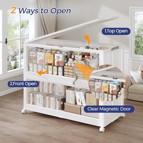 800QT Extra Large Stackable Storage Bins with Lid, 200Gal Plastic Closet Organizers and Storage Drawer, Collapsible Cabinet Box with Wheels Clear Doors for Home Kitchen Office, 5Pack White - Image 4