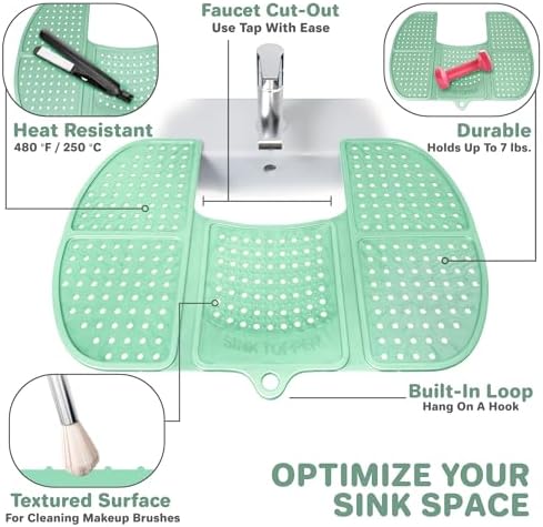 Sink Topper Bathroom Counter Cover & Storage Saver, Foldable Silicone Mat for Hot Tools, Hair Styling & Makeup, Beauty Brush Cleaning Mat, RV Camper Sink Cover & for Small Spaces (Large Green) - Image 5