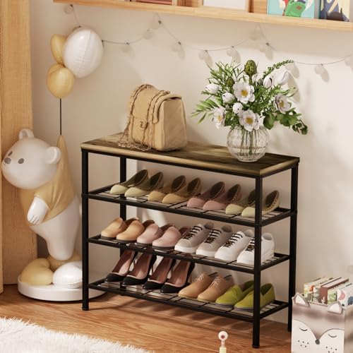4-Tier Metal Shoe Rack with Wood Top - Durable & Space-Saving Shoe Organizer,Industrial Shoe Organizer Shelf Bench Storagefor Closet Entryway, Bedroom & Hallway - Gray + Black 28.5 W × 25.5" H - Image 6