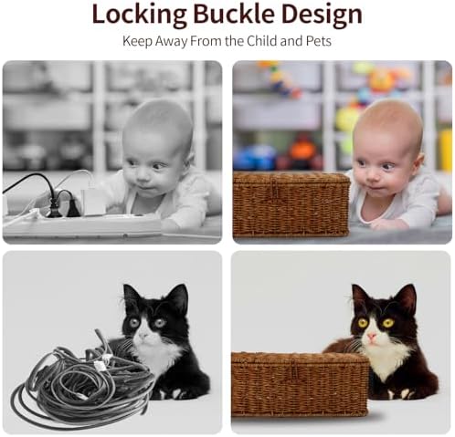 Cable Management Box, Desk Handwoven Rattan Cord Hider Cable Organizer Box With Lid Button Lock, Power Strip Cover Wicker Decorative Basket, Floor Wire Hiding Extension Cord Box (dark brown) - Image 4
