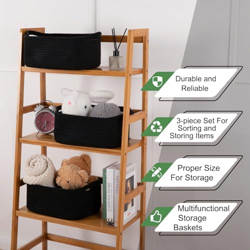 OIAHOMY 3 Pack Storage Baskets for Shelves Cotton Rope Storage Bins Black - Image 5