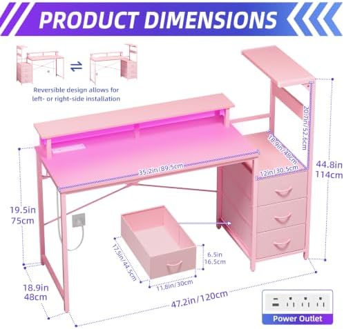 SUPERLELE Gaming Desk with Power Outlet, LED Lights, Storage Shelf & Drawer - Image 3