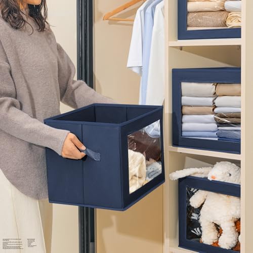 Homsorout Stackable Storage Bins with Lids - Large Storage Box with Lids, Foldable Closet Boxes for Organizing, Wardrobe Clothes Organizer with Window, Cubes Bins for Living Room, 6 Pack, Navy Blue - Image 5