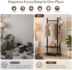 Taitiy Coat Rack Solid Wood Stand Storage 2 Shelves 4 Hooks Entryway - Image 6
