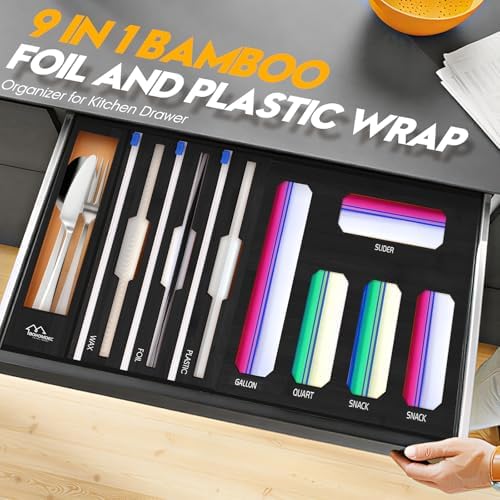 9 in 1 Foil and Plastic Wrap Dispenser with Cutter, Black Bamboo Ziplock Bag Organizer for Drawer - Holds Gallon, Quart Bags & Aluminum Foil/Wax Paper, Wall Mountable Kitchen Storage - Image 3