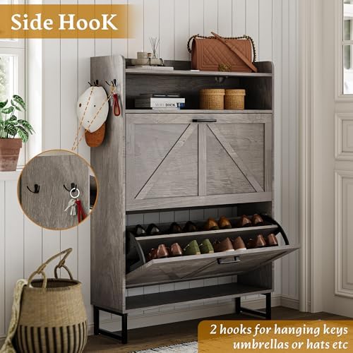Wodeer Shoe Storage Cabinet with 2 Flip Drawers, Narrow Wood Shoe Cabinet Storage for Entryway with Metal Legs & Hooks, Adjustable Shelves, Freestanding Shoe Rack Organizer for Foyer, Hallway, Grey - Image 7