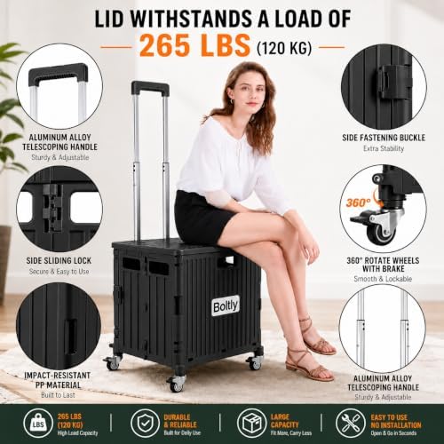 Folding Utility Cart Portable Rolling Crate Handcart Shopping Trolley Collapsible Tool Box, with Lid, Basket on 4 Rotating Wheels, for Grocery, Garden, Office, Storage, Teacher, Tool (Black) - Image 3